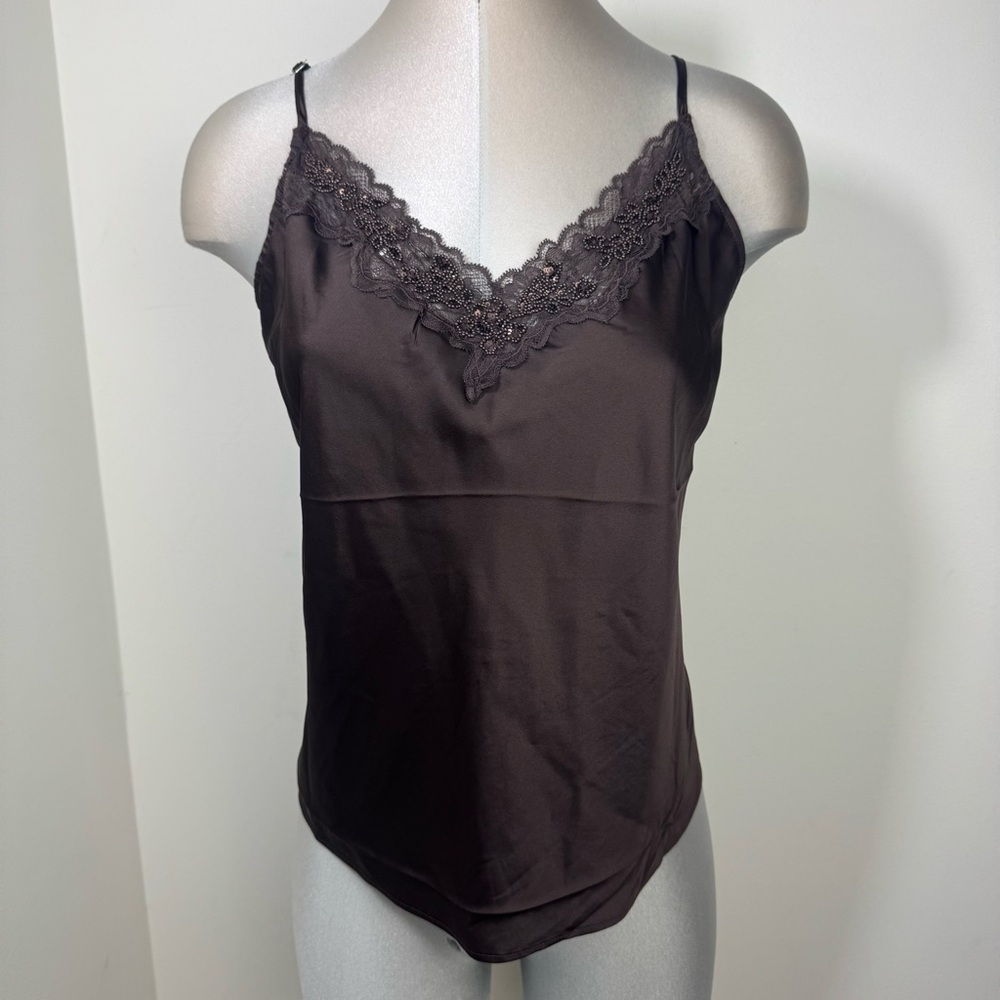 Express Satin Lace Trim V-Neck Downtown Cami Top Size Extra Large XL Brown